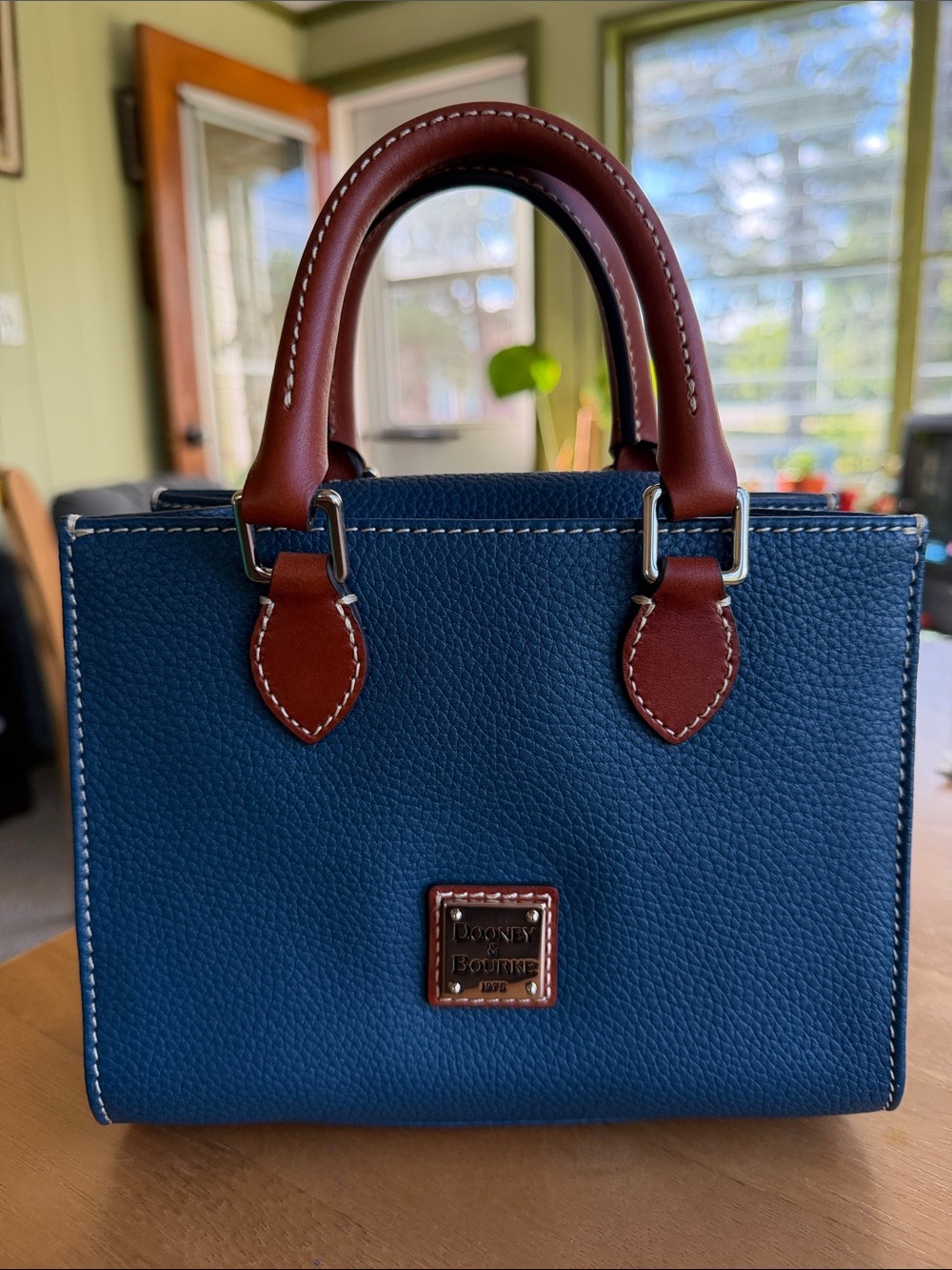 Dooney & Bourke Mini Janine Blue Pebbled Leather Satchel with Brown Handles